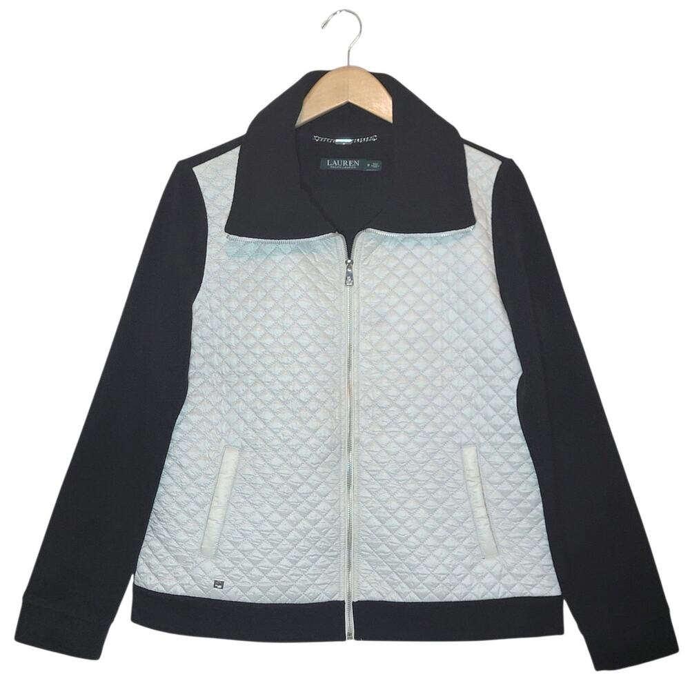 Ralph Lauren White Quilted Black Fleece Full Zip Jacket M NWOT Preppy